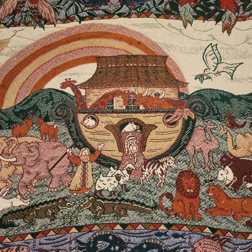 Vintage 50x49 Throw Blanket Multicolor Woven Noahs Ark Animals Tapestry Afghan - Picture 2 of 5
